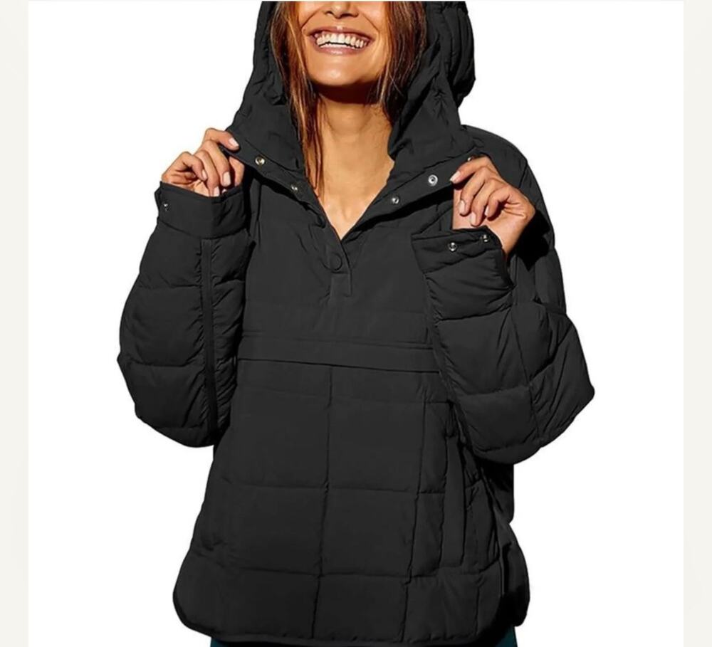NEW Size Large Black Quilted Puffer Pullover Anorak Snap Closure Kangaroo Pocket